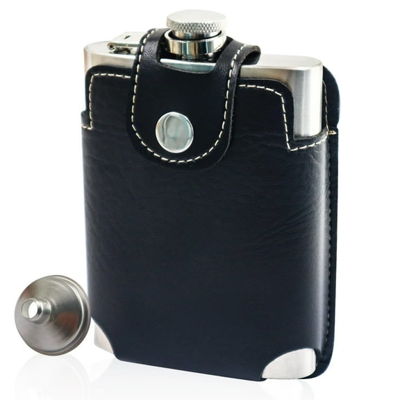 LELE LIFE 8oz/230ml Hip Flask with Belt Leather Case, Easy To Carry, 18/8 304 Stainless Steel Hip Flask for Liquor, Leak Proof Drinking Flask with Small Funnel