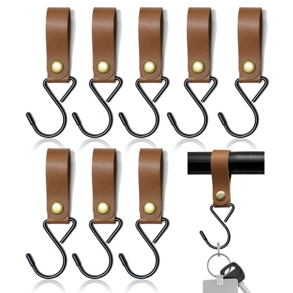 LELE LIFE 8pcs Leather Metal S Hooks for Hanging, S Hook for Closet Rod Clothes Jeans Purse, Camping S Shaped Hooks Hangers for Hanging Pots and Pans, Brown