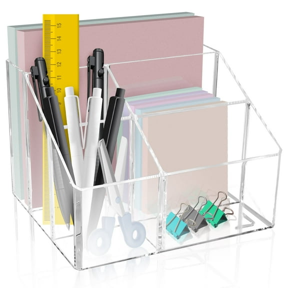 LELE LIFE Acrylic Pen Holder for Desk, 5 Compartments Clear Makeup Brush Holder Organizer, Clear Desk Organizer for Pencil Marker Office Supplies Card Sticky Notes