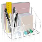 LELE LIFE Acrylic Pen Holder for Desk, 5 Compartments Clear Makeup Brush Holder Organizer, Clear Desk Organizer for Pencil Marker Office Supplies Card Sticky Notes