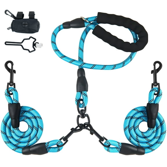 LELE LIFE Double Dog Leash for Two Dogs, 360° Swivel Tangle Free Reflective Dual Large & Medium Dogs, with 2Pcs Dog Poop Bag Holder, Blue