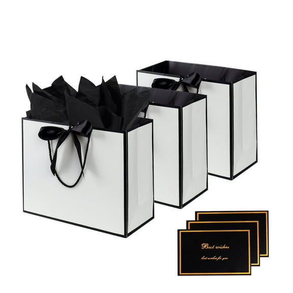 LELE LIFE Gift Bags, 3pcs 12.6" Large Gift Bag with Ribbon and 3 Greeting Cards 9 Tissue Paper, Paper Gift Bags with Handles for Women Birthday Wedding Party, Black-White