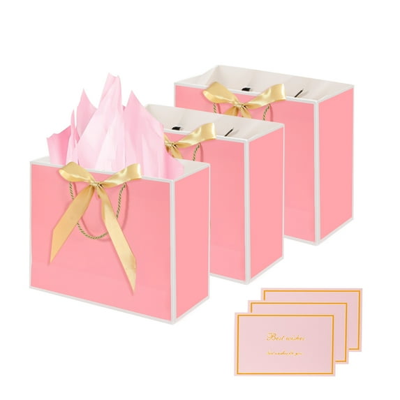 LELE LIFE Gift Bags, 3pcs 12.6" Large Gift Bag with Ribbon and 3 Greeting Cards 9 Tissue Paper, Paper Gift Bags with Handles for Women Birthday Wedding Party, Pink-White