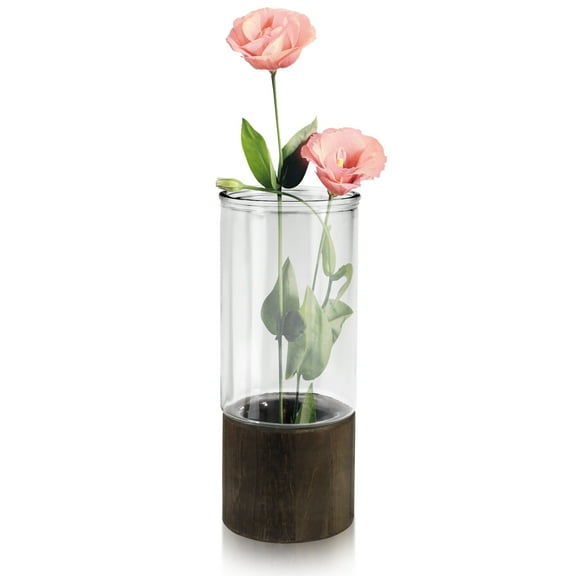 LELE LIFE Glass Vase Wood Base, 10" H, Cylindrical Tall Flower Vase, Classic Boho Rustic Style for Bouquet Centerpieces Living Room Home Decor, Clear
