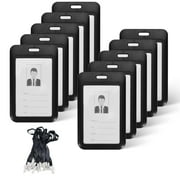 LELE LIFE 10Pcs Sliding ID Badge Holder with Lanyard, Hard Case Vertical ID Card Holder with Clear Window Work Badge Protector Sleeve Cover for Office Key Card Name Tag, Black
