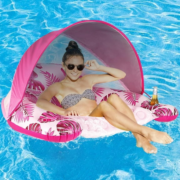 LELEE XL Pool Float Chair with Adjustable Canopy and Cup Holders, Inflatable Lounge Float with Headrest for Adults, Water Relaxation Seat