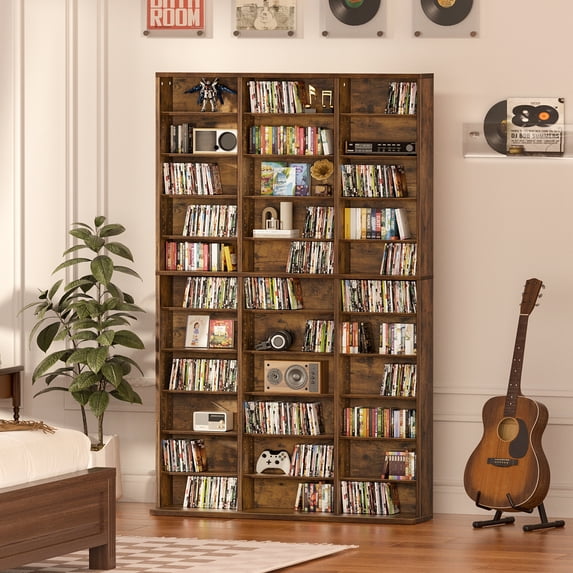 LELELINKY 11-Tier Tall Media Cabinet with Adjustable Shelves, DVD & Multimedia Storage, Manga Bookshelf for Living Room & Home Office, Brown