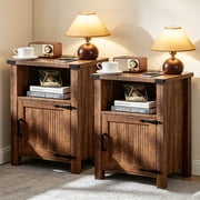 LELELINKY 18" Farmhouse Nightstand Set of 2 with Charging Station & USB, Storage Shelf & Magnetic Door for Bedroom, Brown