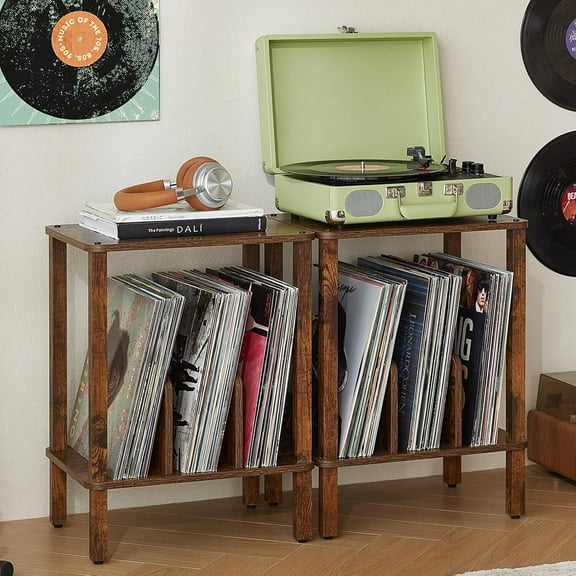 LELELINKY 2-Tier Bamboo Record Player Stand Set of 2 with Vinyl Record Storage up to 100 Albums, Bedroom Record Vinyl Holder for Living Room, Brown