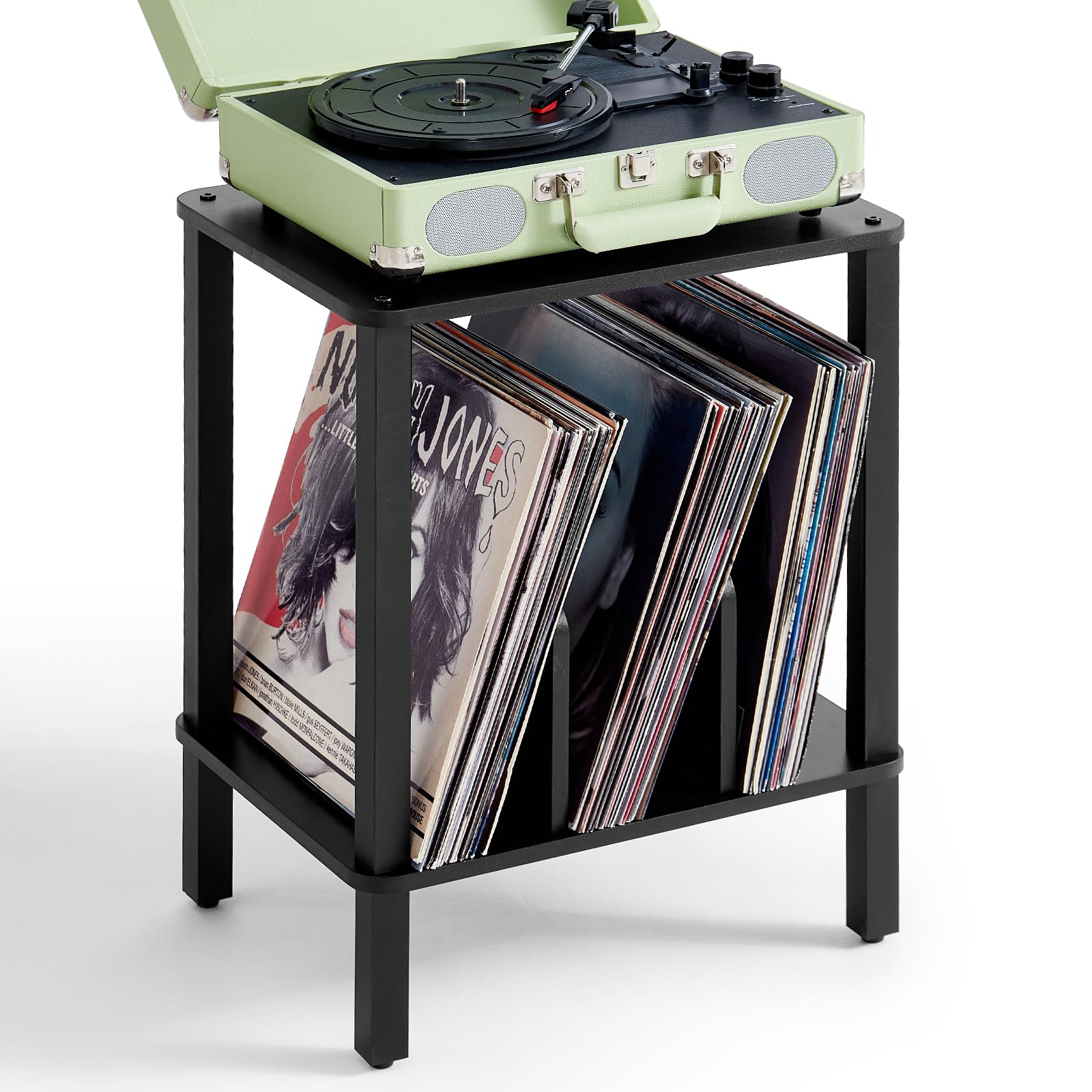Support Tourne-disques 2 Étages En Bambou – Range Jusqu'à 100 Vinyles, Table D'Appoint Style Boho