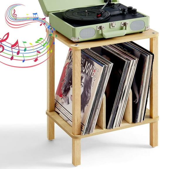 LELELINKY 2-Tier Record Player Stand with Vinyl Storage up to 100 Albums, Vinyl Record Storage Holder, End Table for Living Room, Natural Oak