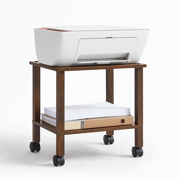 LELELINKY 2-Tier Rolling Printer Stand with Storage, Under Desk Shelf Cart for Home Office, Brown