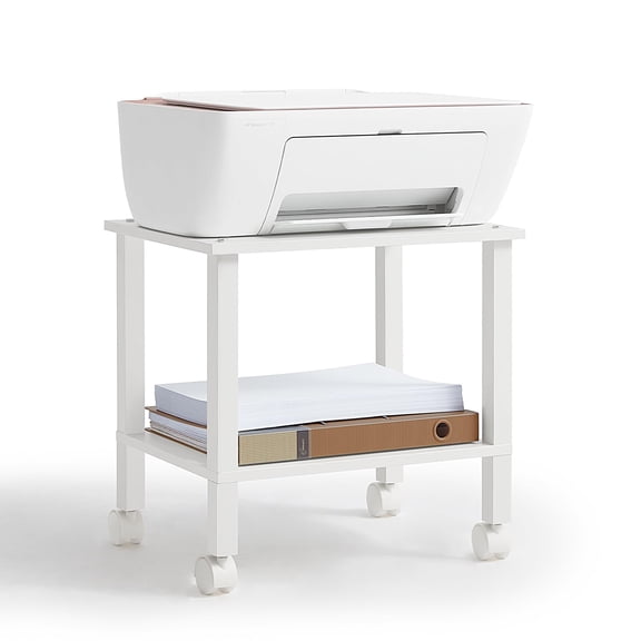 LELELINKY 2-Tier Rolling Printer Stand with Storage, Under Desk Shelf Cart for Home Office, White
