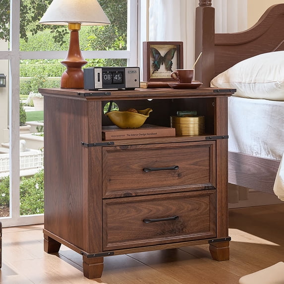 LELELINKY 22" Farmhouse Nightstand with Charging Station, 2 Drawers End Table, Bed Side Table Chest of Drawers Cabinet for Bedroom, Brown