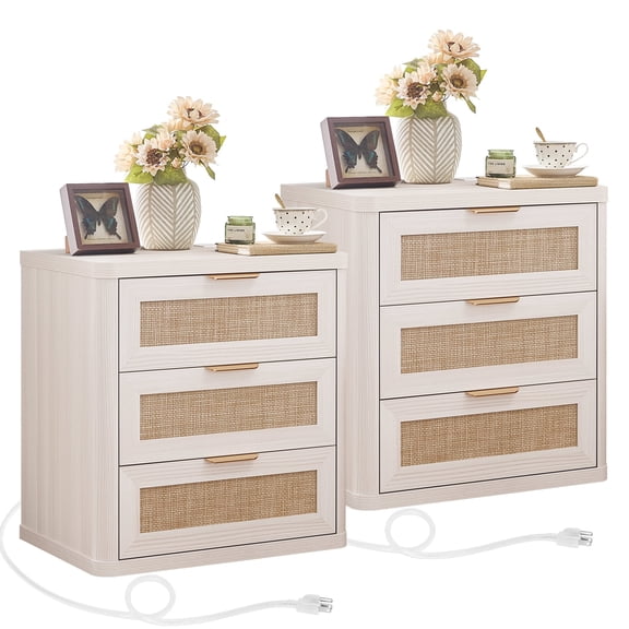 LELELINKY 23" Wide Boho Nightstand Set of 2 with Charging Station, 3-Drawer Bedside Table with Storage for Adult Bedroom, Living Room, Grey