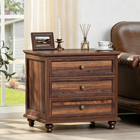 LELELINKY 24" Farmhouse Nightstand with 3 Drawers & Metal Handle, Wood Dresser for Bedroom, Living Room, Brown
