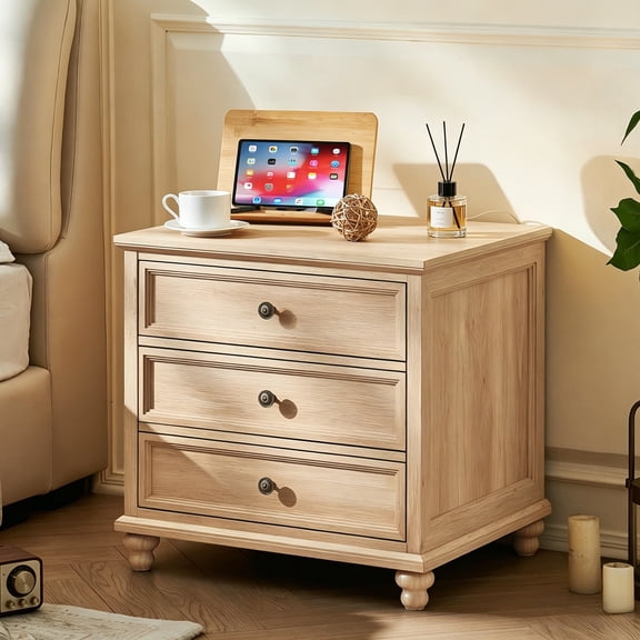 LELELINKY 24" Farmhouse Nightstand with 3 Drawers & Metal Handle, Wood Dresser for Bedroom, Living Room, Wood