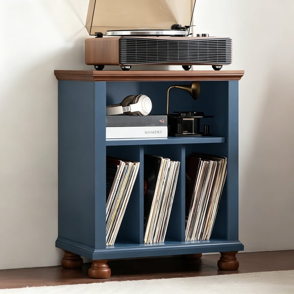 LELELINKY 24" Mid-Century Record Player Stand with Storage Holds 200 Albums, Large Wood Turntable Cabinet for Living Room, Bedroom, Blue