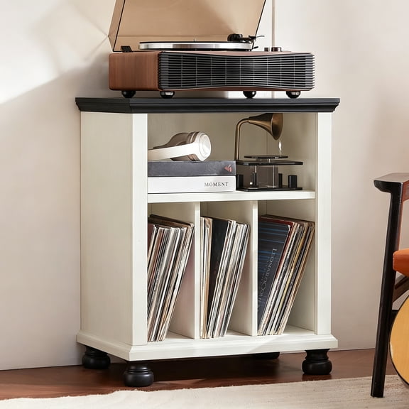 LELELINKY 24" Mid-Century Record Player Stand with Storage Holds 200 Albums, Large Wood Turntable Cabinet for Living Room, Bedroom, White