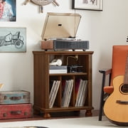 LELELINKY 24" Wide Mid-Century 3-Tier Record Player Stand with Charging Station Shelf & 3 Dividers for Bedroom Brown