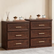 LELELINKY 26" Fluted Tall 2pc Nightstand with 3 Drawers & Metal Handle, Modern Bedside Table for Bedroom, Living Room, Walnut