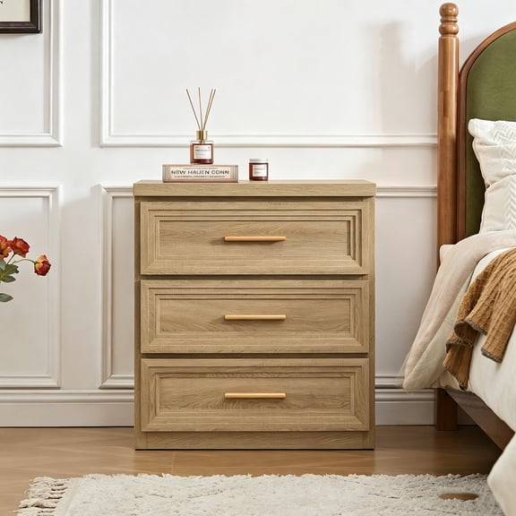 LELELINKY 26" Fluted Tall Nightstand with 3 Drawers & Metal Handle, Modern Bedside Table for Bedroom, Living Room, Oak