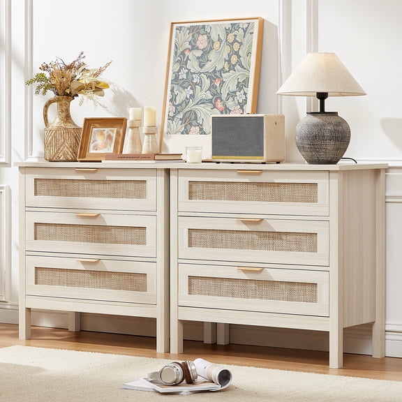 LELELINKY 2pc 3-Drawer Storage Nightstand, 31.5" Wide Rattan Bedside Table - Boho Tall Cabinet for Bedroom, Living Room - Brown Finish