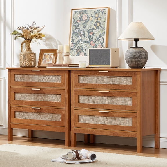 LELELINKY 2pc 3-Drawer Storage Nightstand, 31.5" Wide Rattan Bedside Table - Boho Tall Cabinet for Bedroom, Living Room - Brown Finish