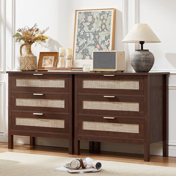 LELELINKY 2pc 3-Drawer Storage Nightstand, 31.5" Wide Rattan Bedside Table - Boho Tall Cabinet for Bedroom, Living Room - Brown Finish