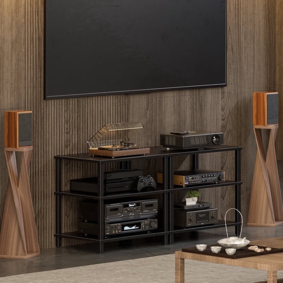 LELELINKY 2pc 3-Tier Media Stand, Natural Wood Audio Cabinet with Shelves, Multifunctional Entertainment Center for Living Room, Home, Black