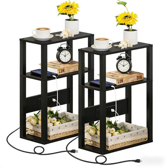 LELELINKY 2pc 3-Tier Narrow Side Table with Charging Station, Wood Nightstand with USB Ports for Small Spaces, Black
