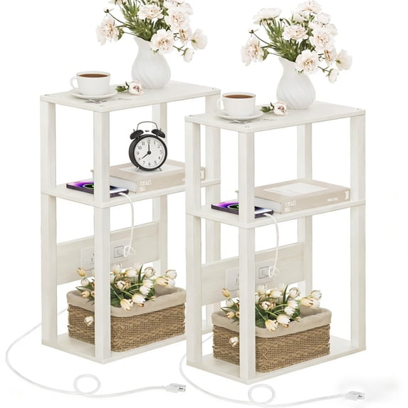 LELELINKY 2pc 3-Tier Narrow Side Table with Charging Station, Wood Nightstand with USB Ports for Small Spaces, Grey