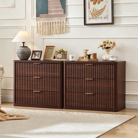 LELELINKY 2pc 31.5" Fluted Nightstand, Oversized Bedside Table, 3 Deep Drawers, Curved Modern Wood End Table for Bedroom, Walnut