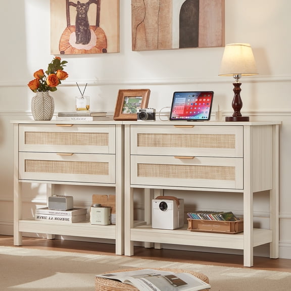 LELELINKY 2pc Modern Boho Rattan Nightstand with Charging Station & 2 Drawers - 31.8 Inch Wide Tall Bedside Table for Bedroom, Storage End Table for Living Room, Hallway