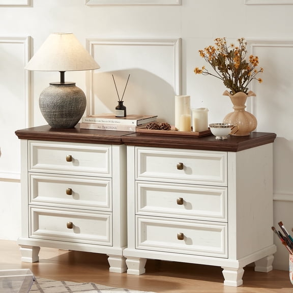 LELELINKY 2PC Nightstand with 3 Drawers, Mid-Century Modern Bedside Table with Solid Wood Legs, Rustic White Storage for Bedroom