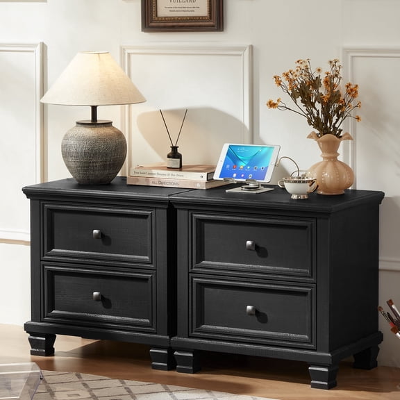 LELELINKY 2-Pack Nightstand with 2 Drawers, Mid-Century Modern Bedside Table with Solid Wood Legs, Rustic Black Storage for Bedroom