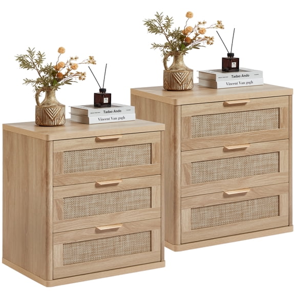 LELELINKY 2pc Rattan Night Stand, 3 Drawer Boho Nightstand, Wood Bed Side End Tables for Bedroom, Natural Oak