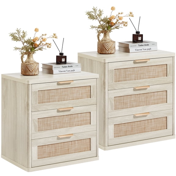 LELELINKY 2pc Rattan Night Stand, 23" Large 3 Drawer Boho Nightstand, Grey Bed Side End Tables for Bedroom