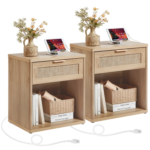 LELELINKY 2pc Rattan Nightstand with Charging Station, 23" Wide Boho Night Stand with Drawer, Walnut Bedside Table Open Storage Cabinet, Bed Side End Tables Dresser for Bedroom, Living Room, Hallway