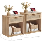 LELELINKY 2pc Rattan Nightstand with Charging Station, 23" Wide Boho Night Stand with Drawer, Walnut Bedside Table Open Storage Cabinet, Bed Side End Tables Dresser for Bedroom, Living Room, Hallway
