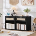thumbnail image 1 of LELELINKY 2pc Rattan Nightstand with Charging Station, 23" Wide Boho Bedside Table with Drawer and Shelf for Bedroom, Living Room, Black, 1 of 8