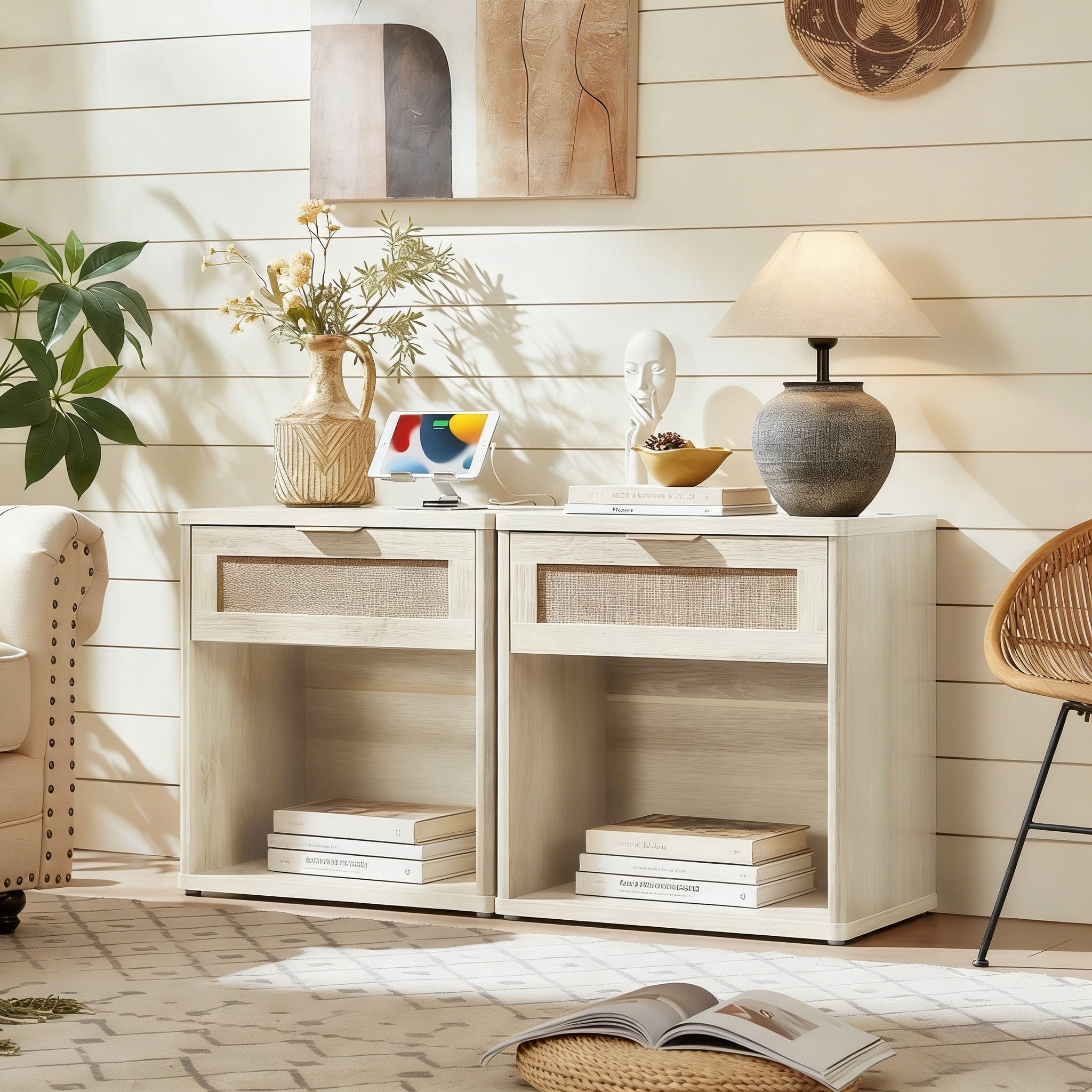 LELELINKY 2pc Rattan Nightstand with Charging Station, 23" Wide Boho Bedside Table with Drawer and Shelf for Bedroom, Living Room, Grey