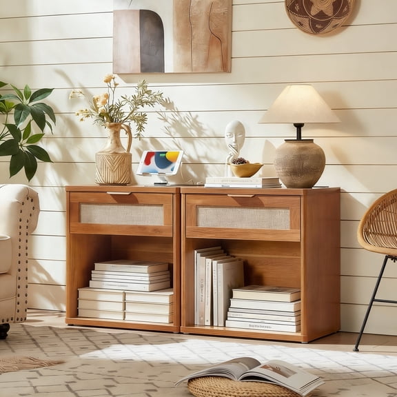 LELELINKY 2pc Rattan Nightstand with Charging Station, 23" Wide Boho Bedside Table with Drawer and Shelf for Bedroom, Living Room, Tea Color