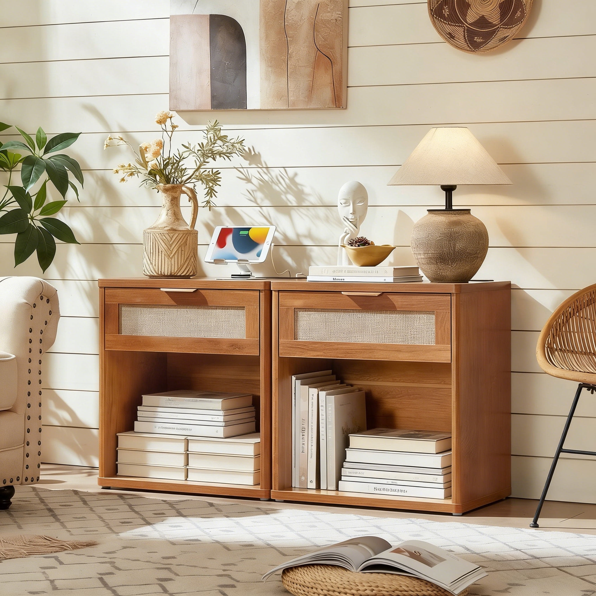 LELELINKY 2pc Rattan Nightstand with Charging Station, 23" Wide Boho Bedside Table with Drawer and Shelf for Bedroom, Living Room, Tea Color