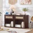 thumbnail image 1 of LELELINKY 2pc Rattan Nightstand with Charging Station, 23" Wide Boho Bedside Table with Drawer and Shelf for Bedroom, Living Room, Walnut, 1 of 8