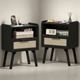 thumbnail image 1 of LELELINKY 2pc Rattan Nightstand with Charging Station, Boho Bedside Table with Drawer and Open Shelf, Solid Wood Legs, Black New, 1 of 7