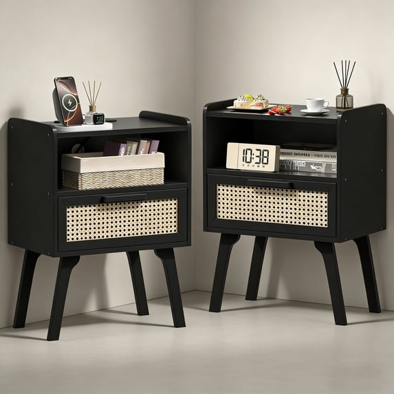 LELELINKY 2pc Rattan Nightstand with Charging Station, Boho Bedside Table with Drawer and Open Shelf, Solid Wood Legs, Black New