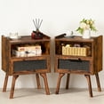 thumbnail image 1 of LELELINKY 2pc Rattan Nightstand with Charging Station, Boho Bedside Table with Drawer and Open Shelf, Solid Wood Legs, Brown, 1 of 7