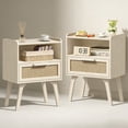 thumbnail image 1 of LELELINKY 2pc Rattan Nightstand with Charging Station, Boho Bedside Table with Drawer and Open Shelf, Solid Wood Legs, Grey, 1 of 7