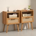 thumbnail image 1 of LELELINKY 2pc Rattan Nightstand with Charging Station, Boho Bedside Table with Drawer and Open Shelf, Solid Wood Legs, Tea Color, 1 of 7